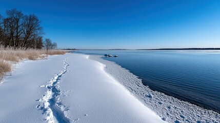 Footprints traverse the snowy shoreline next to the cold water
