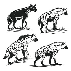 Four monochrome hyena silhouette illustrations isolated on a white background design