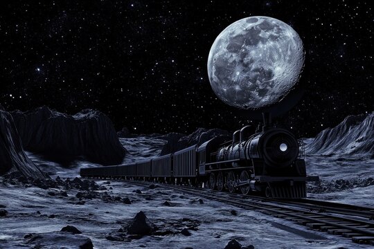 Train journey across the moons surface under a bright glowing moonlight, A train ride across the moon surface with a large moon in the background and stars in the sky - Powered by Adobe