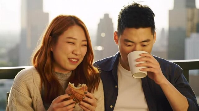 Couple sharing a laugh while eating burgers