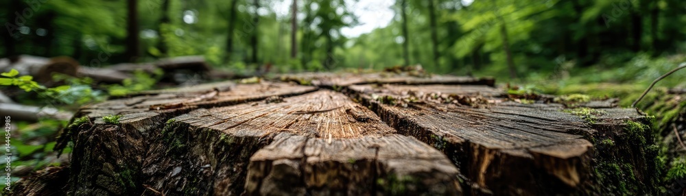 Poster tree stump exposing illegal forest damage and biodiversity loss concept. close-up view of a tree stu