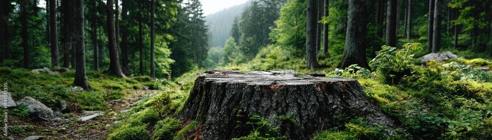 Poster tree stump exposing illegal forest damage and biodiversity loss concept. a serene forest landscape s