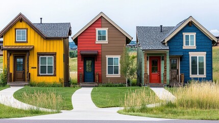 Three colorful houses with unique color combinations and pathways