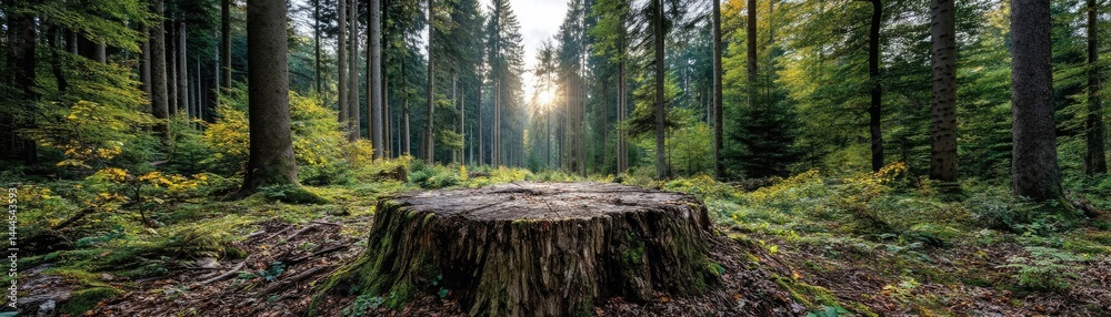 Poster tree stump exposing illegal forest damage and biodiversity loss concept. a serene forest scene highl