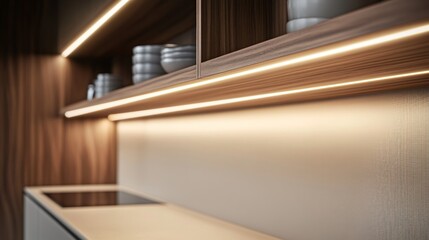 Obraz premium Modern kitchen interior with ambient lighting and shelves