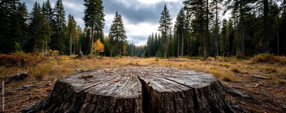 Poster Tree stump representing environmental damage and forest decline concept. A serene forest landscape featuring a large tree stump.