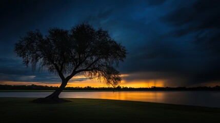 A solitary tree silhouette reflecting a dramatic sunset over water