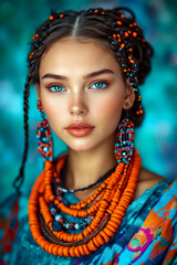 Fototapeta premium A woman wearing a blue dress and orange necklace and earrings