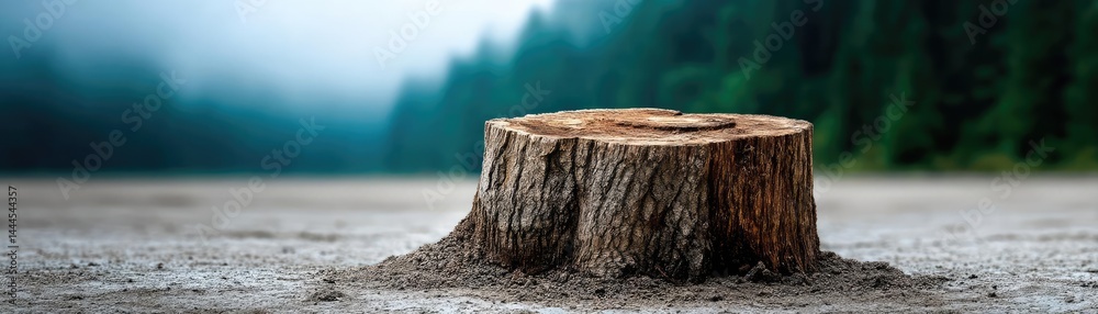 Poster tree stump representing environmental damage and forest decline concept. a solitary tree stump surro