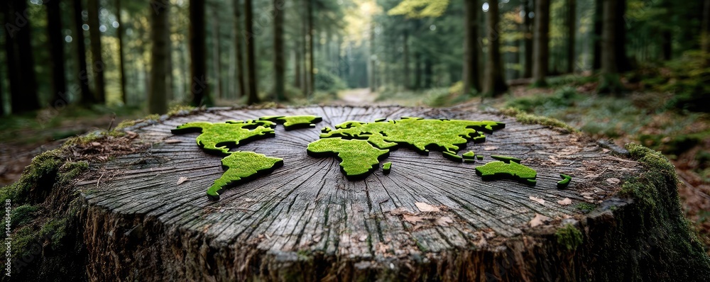 Poster tree stump exposing illegal forest damage and biodiversity loss concept. a moss-covered world map on
