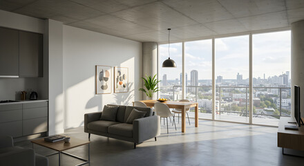 Fototapeta premium Contemporary Living Space With City View And Concrete Aesthetic Design