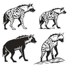 Hyena Silhouette Set African Wildlife, Walking, Wild Animals, Black and White Icons