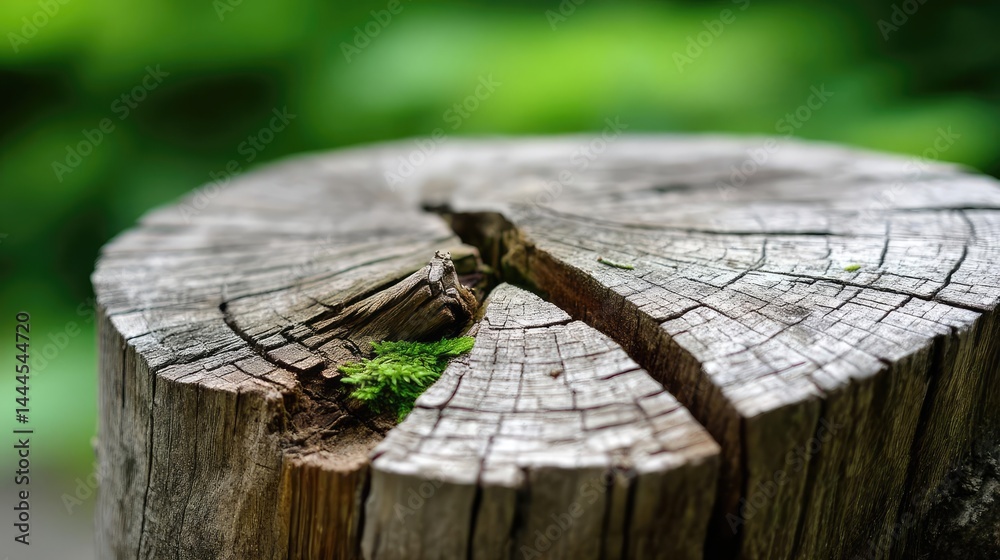 Poster Tree stump representing environmental damage and forest decline concept. Close-up of a tree stump showcasing nature's beauty and detail.