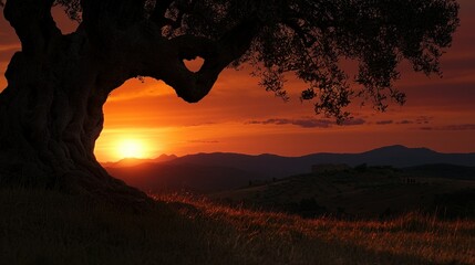 A majestic tree silhouetted against a vibrant sunset landscape