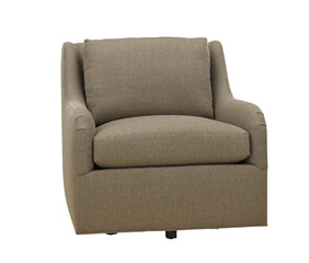 Isolated upholstered swivel chair with cushion in neutral tan color on white background