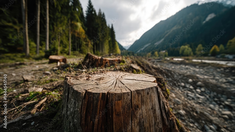 Aufkleber Tree stump representing environmental damage and forest decline concept. A close-up view of a tree stump in a serene mountain landscape.
