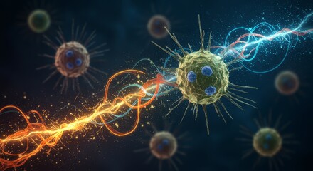 Microscopic view of a virus or bacteria cell being attacked by energy waves. Concept of antivirus, immune response, or medical treatment.