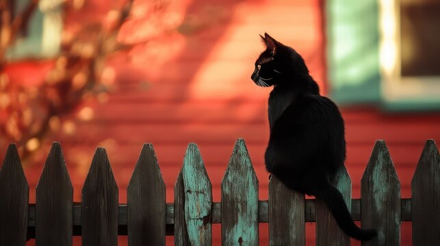Black cat on a fence at dusk