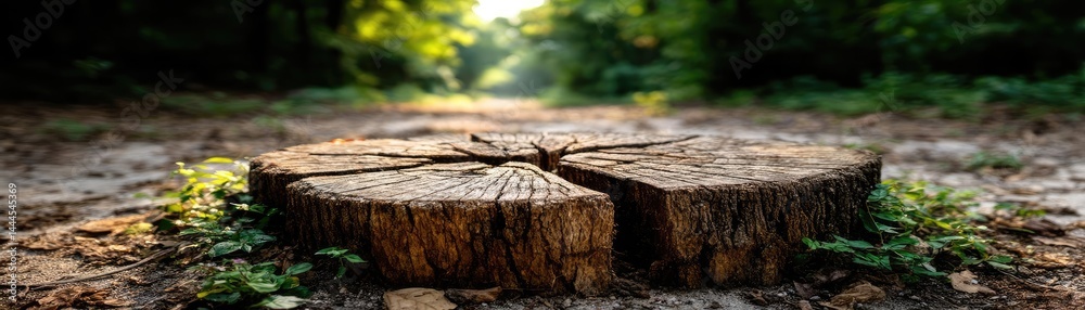 Poster Tree stump representing environmental damage and forest decline concept. A serene forest scene featuring a tree stump surrounded by greenery.