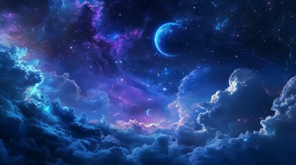 Dreamlike night sky with vibrant nebulae, glowing clouds, and a celestial body.
