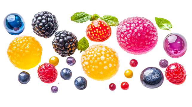 Colorful berries and candies arrangement, cut out transparent