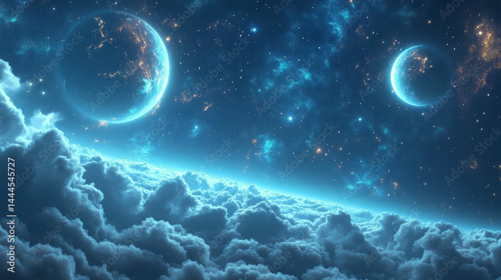 Poster glowing planets above a sea of clouds in a vibrant nebula.