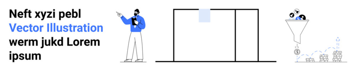 Marketer explaining concepts, sales funnel, and growth metrics with structured charts. Ideal for marketing workflow, analytics, lead generation, promotions, online campaigns, business growth simple