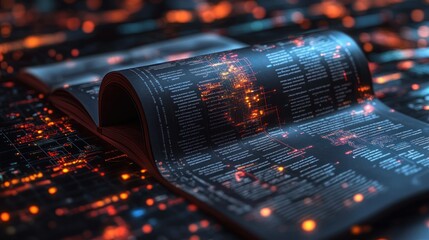 Open book with glowing digital data overlay
