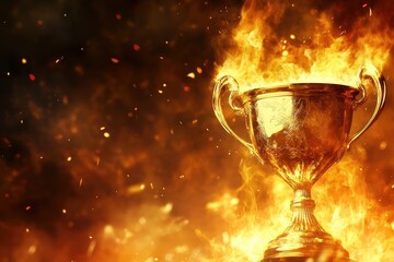 Golden trophy surrounded by fierce flames symbolizing victory and achievement in a competitive arena, Golden trophy engulfed in flames symbolizing fiery victory