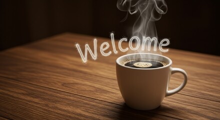 A hot cup of coffee sits on a wooden table with the steam forming the word welcome. Concept of hospitality and beverage service.