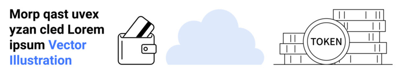 Digital wallet with credit card, cloud storage icon, and stacked tokens. Ideal for finance, cryptocurrency, cloud computing, data storage, digital transactions, financial security fintech