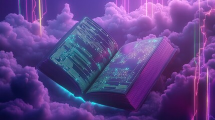 Futuristic book floating in clouds