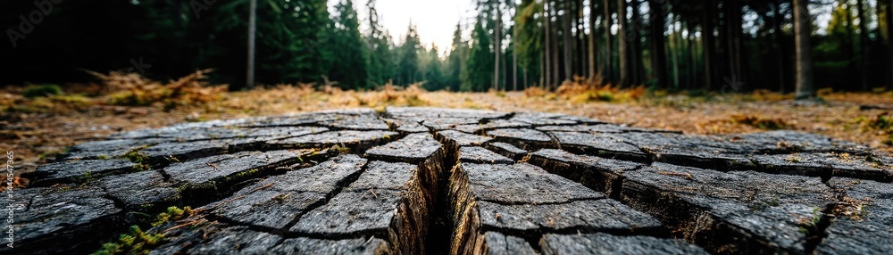 Poster tree stump representing environmental damage and forest decline concept. a cracked tree stump highli
