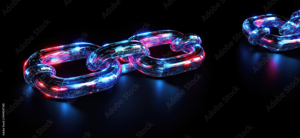 Poster futuristic glowing digital chain links representing blockchain technology and security.