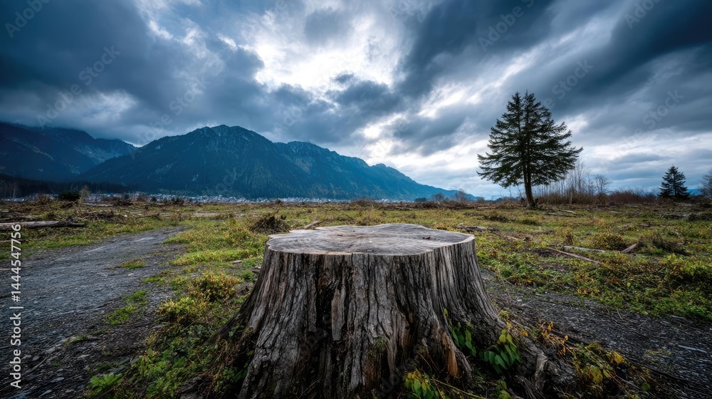 Poster Tree stump reflecting deforestation and climate change crisis concept. A striking view of a tree stump beneath a moody sky and mountains.