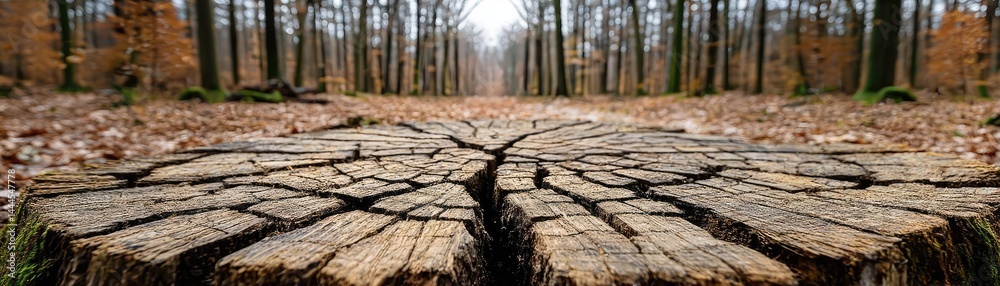Poster tree stump representing environmental damage and forest decline concept. cracked earth in a tranquil