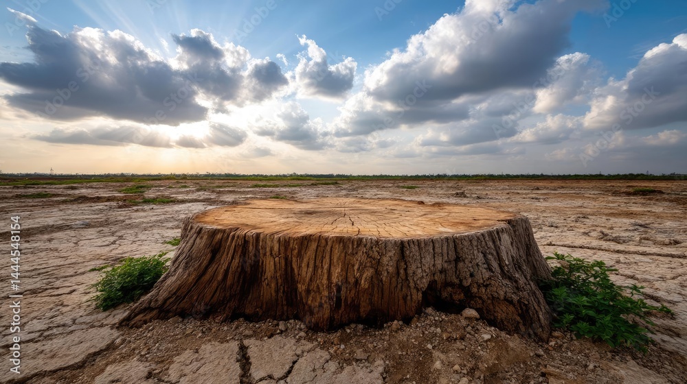Poster Tree stump representing environmental damage and forest decline concept. A large tree stump in a dry landscape under a cloudy sky.