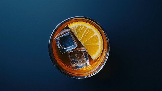 A refreshing beverage featuring ice cubes and a lemon slice
