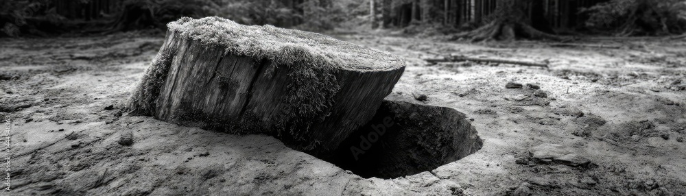 Poster tree stump exposing illegal forest damage and biodiversity loss concept. a striking black and white 