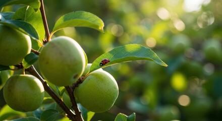 Green fruits on branch with sunlight and green leaves