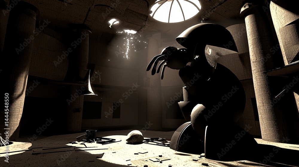 Poster surreal scene of a person in a room captured in dreamlike time loops with ambient light creating an 