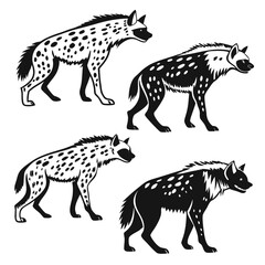 Silhouette of Hyenas Walking, Black and White Spotted Pattern, Wildlife, Predator, Isolated