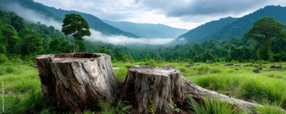 Poster tree stump reflecting deforestation and climate change crisis concept. a serene landscape with tree 
