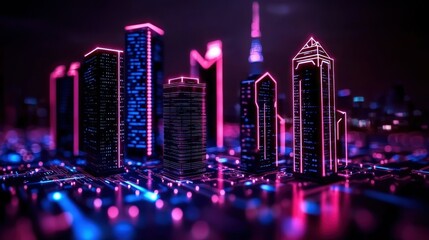 Fototapeta premium Neon Illuminated Cyberpunk City Depicted With Futuristic Blue And Pink Lights