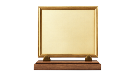 Gold plaque award on mahogany base isolated on transparent white background, clipping path