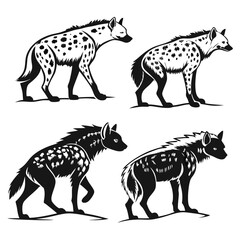 Black and White Spotted Hyena Silhouette Set Walking Animals, African Wildlife