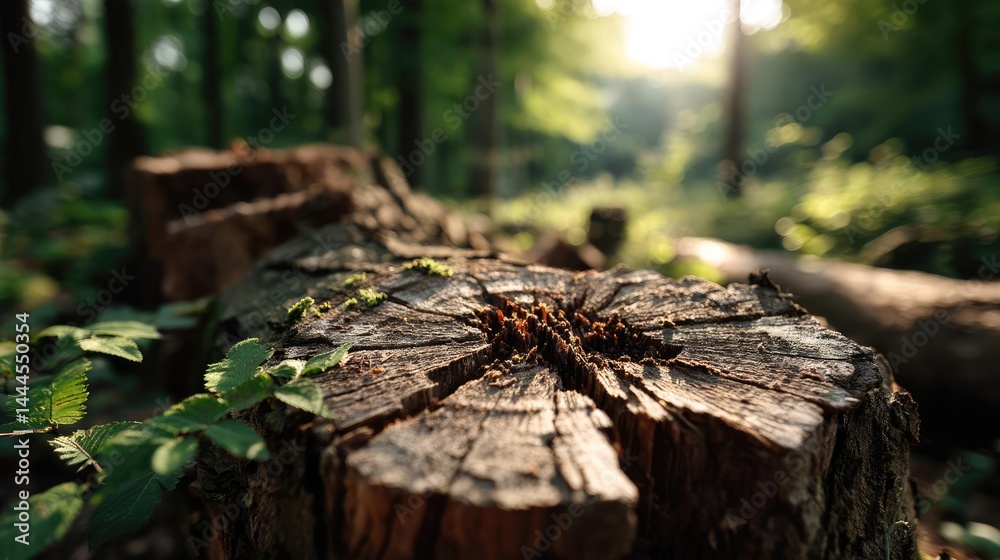 Poster Tree stump representing environmental damage and forest decline concept. Close-up of a tree stump surrounded by vibrant forest greenery.