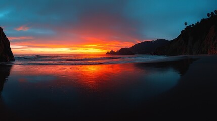 Fototapeta premium Beautiful sunset over the ocean and coastal scenery is displayed