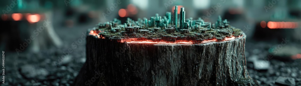 Poster Tree stump exposing illegal forest damage and biodiversity loss concept. A striking image of a tree stump surrounded by glowing crystals.