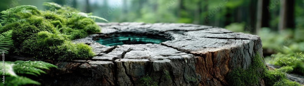 Poster tree stump exposing illegal forest damage and biodiversity loss concept. a tranquil forest scene fea